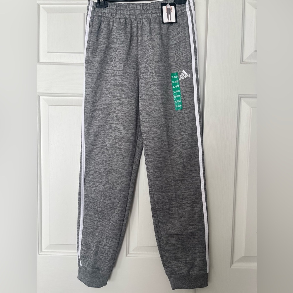 NWT adidas Youth Tech Fleece Jogger Gray w/ white three stripe detail XL 18/20